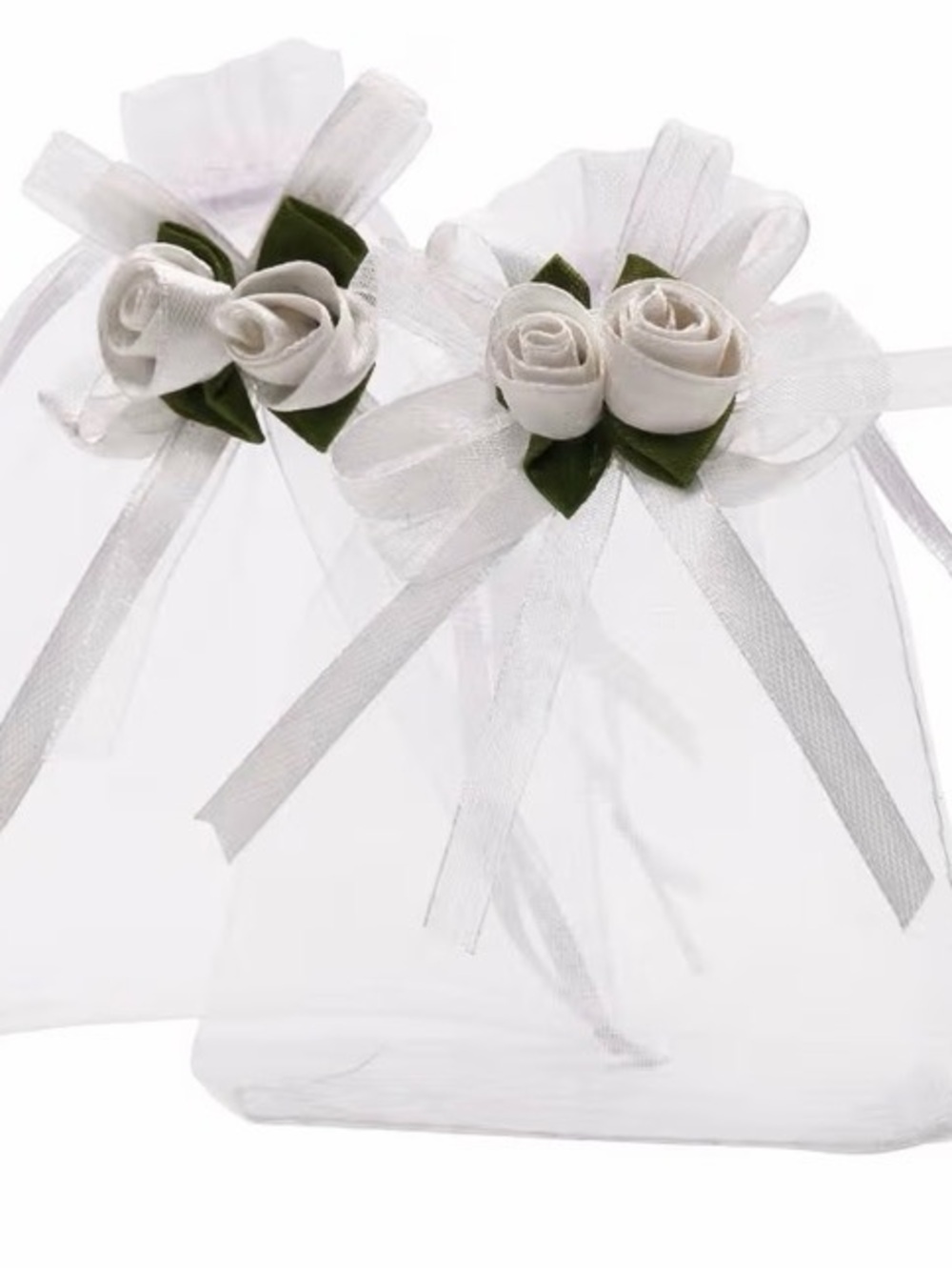 Elegant White Rose Organza Favor Bags with Green Leaves - 50 bags